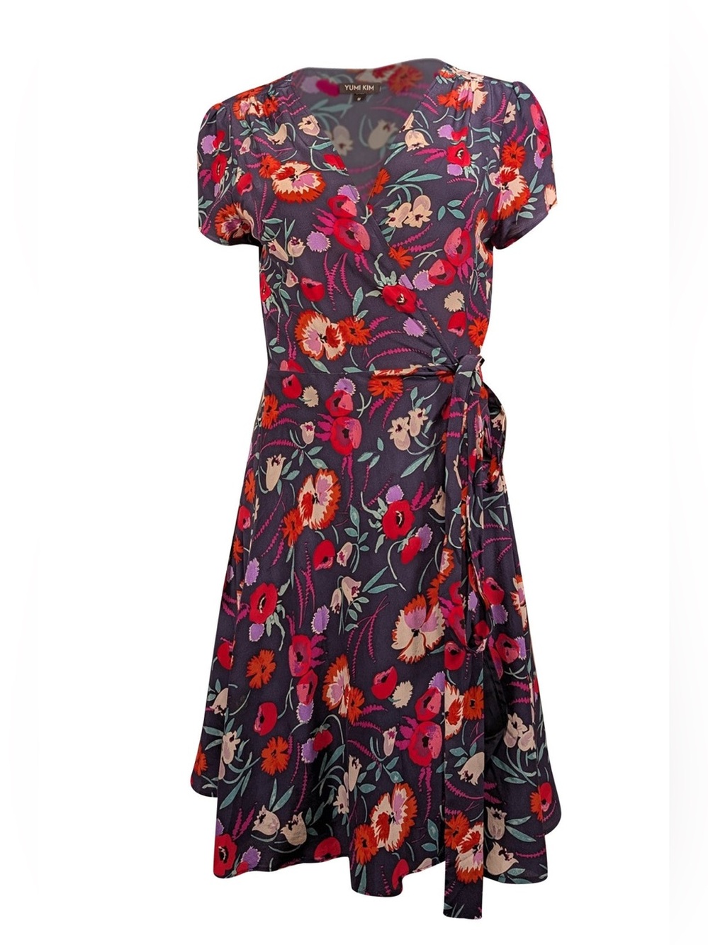 Yumi Kim - Navy W/ Red & Purple Floral Print Silk Wrap Dress Sz M